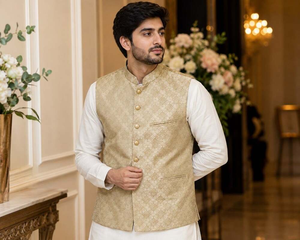 Vintage Men's Gold Beige Brocade Sherwani Waistcoat Nehru Vest Formal Medium